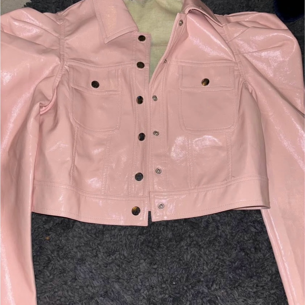 SHEIN Pink Cropped Leather Jacket with Glossy Finish